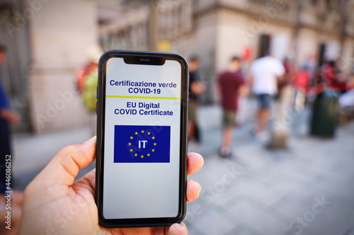 Italian Green Pass. EU Digital certificate Covid-19. Covid or Coronavirus vaccine certificate. Selective focus