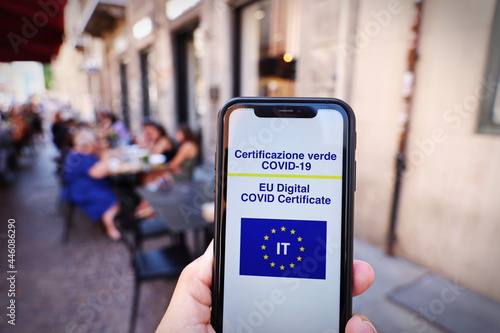 Fototapeta Naklejka Na Ścianę i Meble -  Italian Green Pass. EU Digital certificate Covid-19. Covid or Coronavirus vaccine certificate. Selective focus