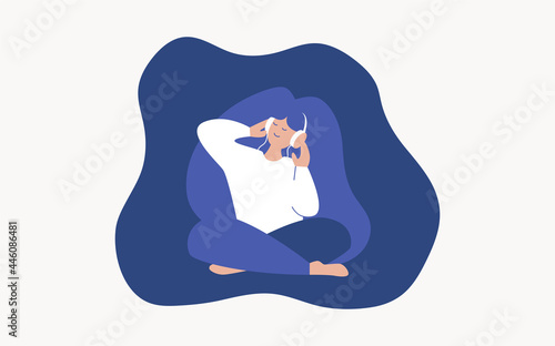 Beautiful young woman wearing headphones listen music and sitting in lotus position. Happy girl with long hair in a cross-legged sitting meditation pose with a smile on her face. vector illustration