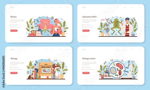 Biology school subject web banner or landing page set. Students exploring
