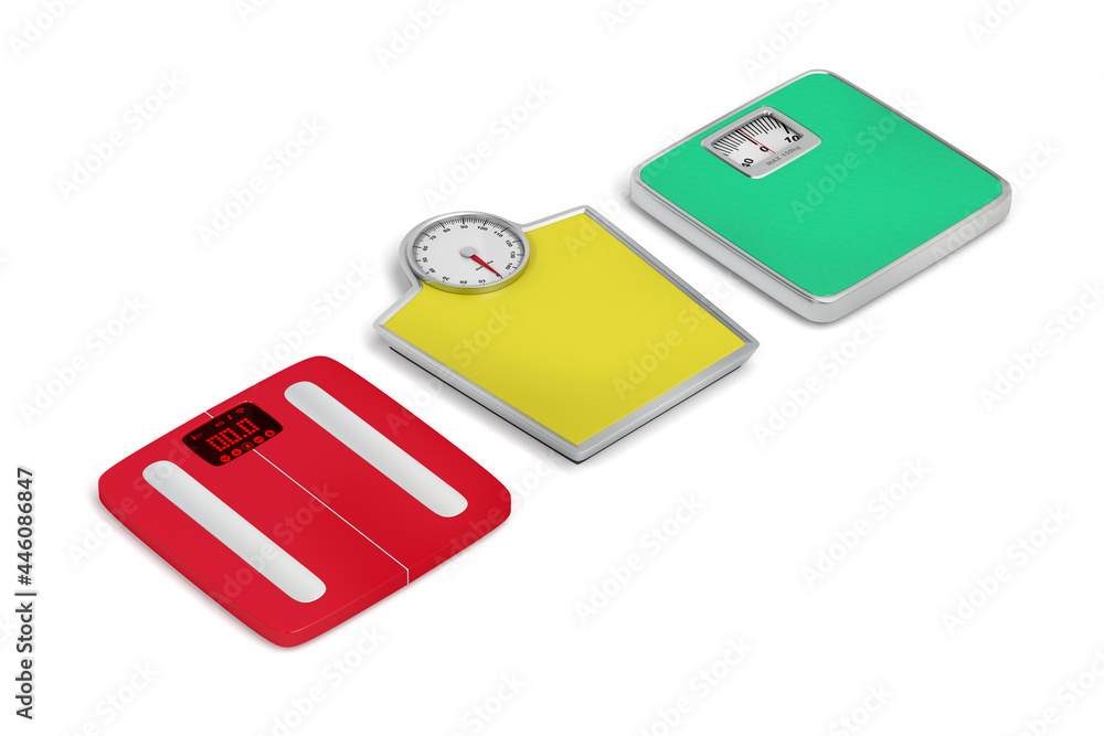 Three different weighing scales on white background Three different weighing scales on white background
