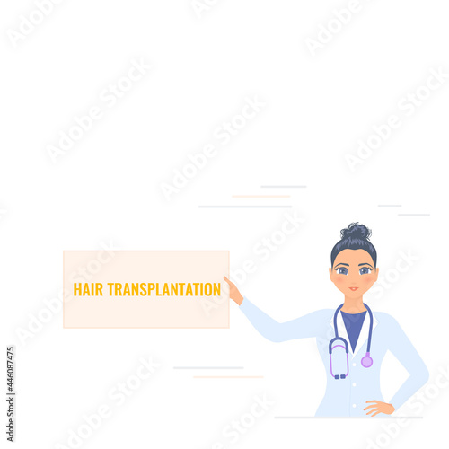 Alopecia concept. Woman doctor holding hair transplantation board in his hand. Hair loss medical treatment design template. Vector flat illustration.