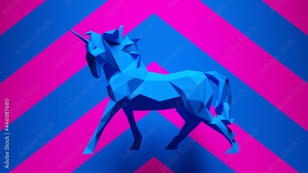 Obraz premium Blue Unicorn Horse made out of triangles with Blue an Pink Chevron Pattern Background 3d illustration render
