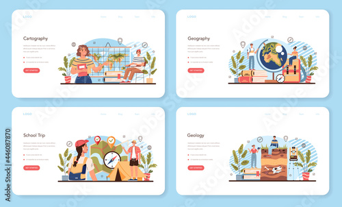 Geography class web banner or landing page set. Studying the lands, features