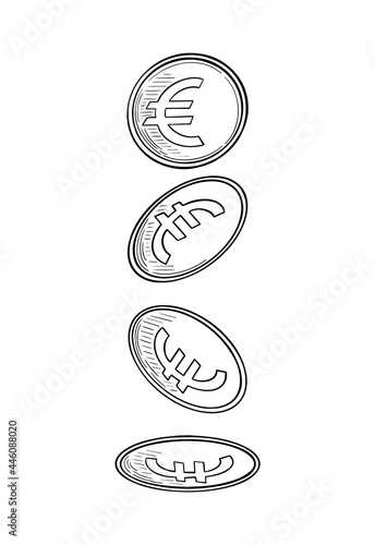 Falling euro coins in sketchy vintage style. Vector illustration.