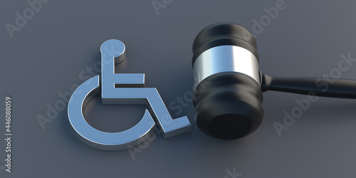 Disabled icon and judge gavel on gray background. Disability law for handicapped people concept. 3d illustration photo