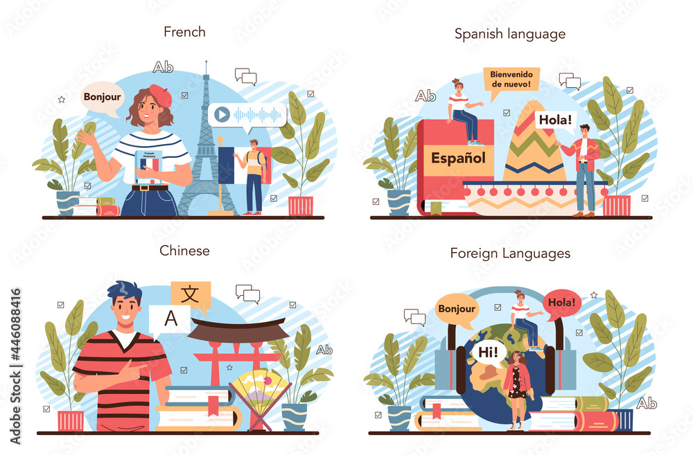 Language school set. Professor teaching foreign languages. Students learning
