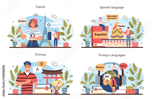 Language school set. Professor teaching foreign languages. Students learning