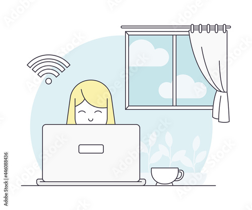 Pandemic with Stay Home as Safety Measure Line Vector Illustration