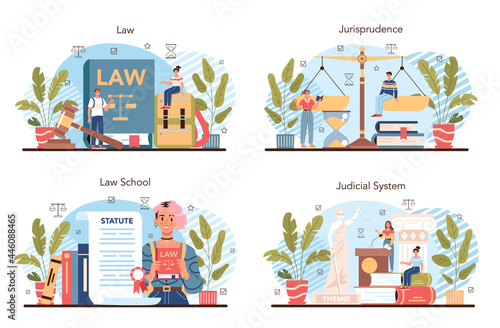 Law class concept set. Punishment and judgement education. Jurisprudence school