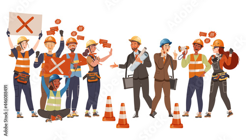 Group Of Dissatisfied People Protesting Holding Placard Defending Their Rights Vector Illustration