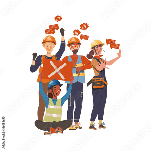 Group Of Dissatisfied People Protesting Holding Placard Defending Their Rights Vector Illustration