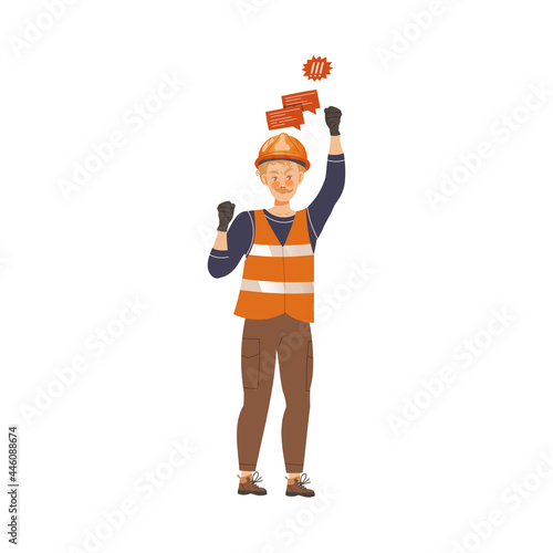 Dissatisfied Man Worker in Safety Vest Protesting Defending His Rights Vector Illustration