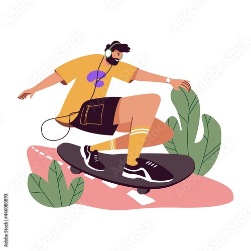 Young cool skater riding skateboard. Active happy man on skate board with music in headphones. Fast skateboarder on road. Outdoor activity. Flat vector illustration isolated on white background.