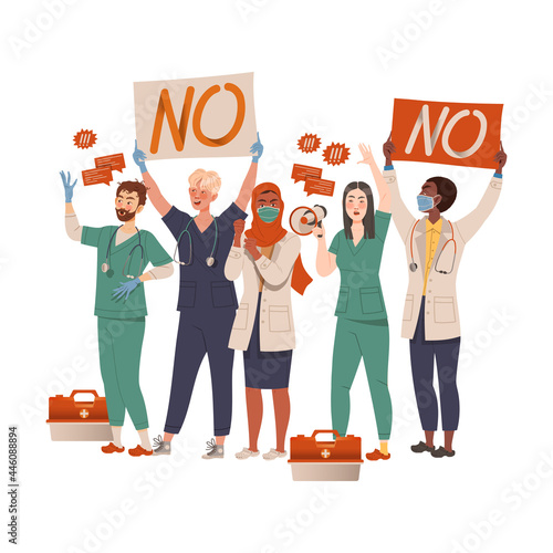 Group Of Dissatisfied People Protesting Holding Placard Defending Their Rights Vector Illustration