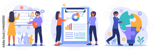 Business plan concept. Business idea, strategy and solution. A man and a woman study statistics, generate ideas and come up with development strategies. Cartoon flat vector set on a white background
