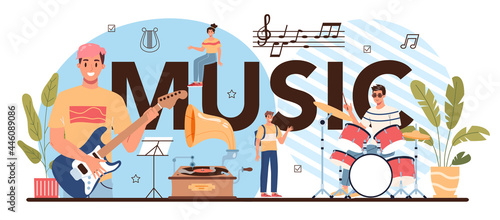 Music typographic header. Students learn to play music club or class