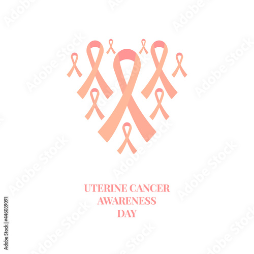 Uterine endometrial cancer awareness poster with a heart made of ribbons on white background. Peach colour bows for support and solidarity concept. Medical concept. Vector illustration.