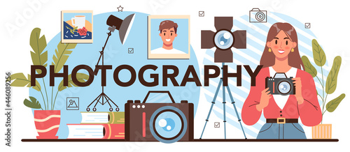 Photography typographic header. Students lerning to take photos