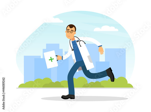 Hospital Staff with Man Doctor Running with First Aid Kit Box Vector Illustration