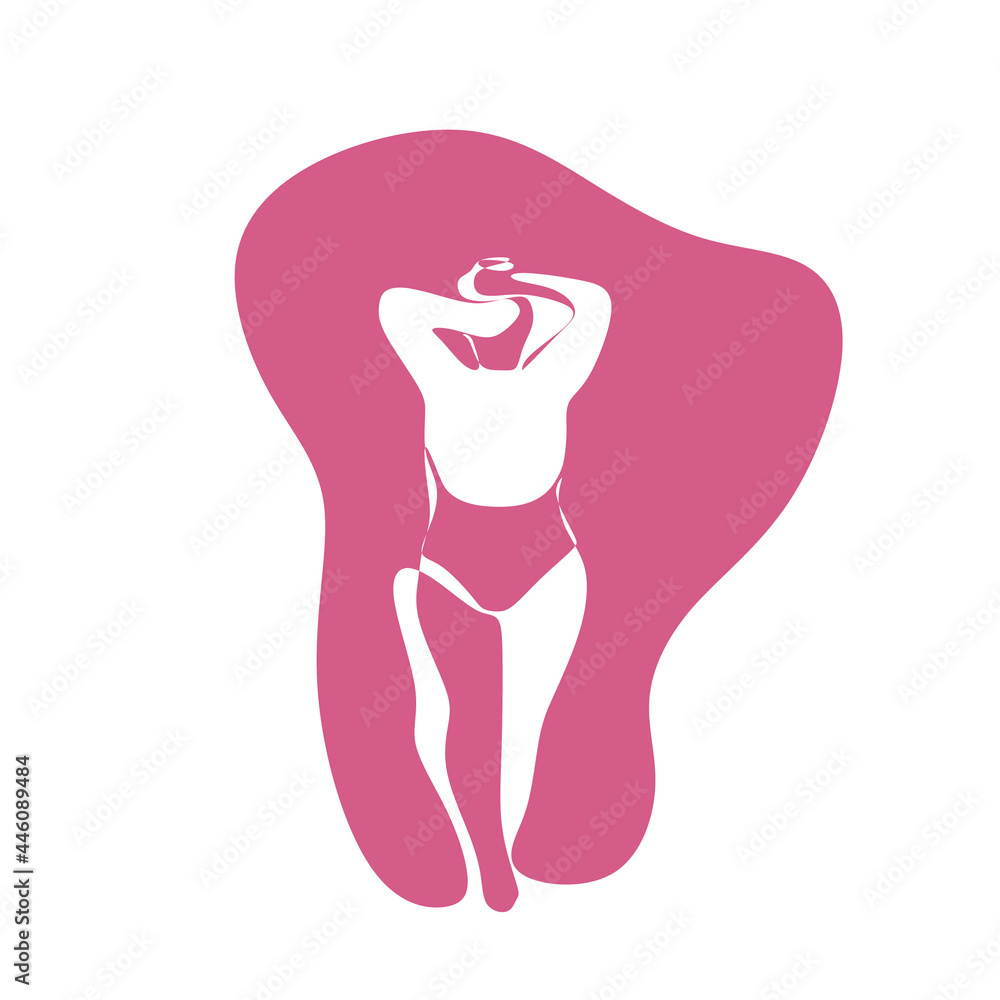 Abstract illustration. Body-positive girl in a swimsuit is standing with her back.