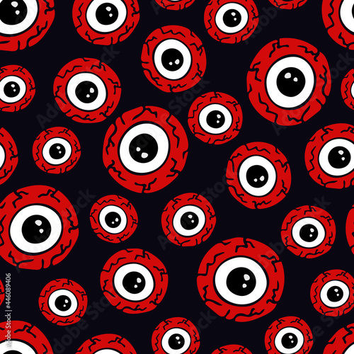 Vector seamless pattern with halloween eye on dark background. Hand-drawn cartoon illustration.