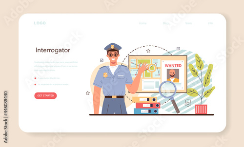Police officer web banner or landing page. Detective making interrogation