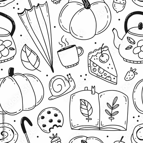 Black and white doodle seamless pattern with autumn elements. Vector illustration. Cozy autumn.