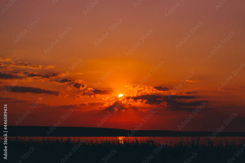 Amazing river bright sunset on the background of reeds, nature landscape background,