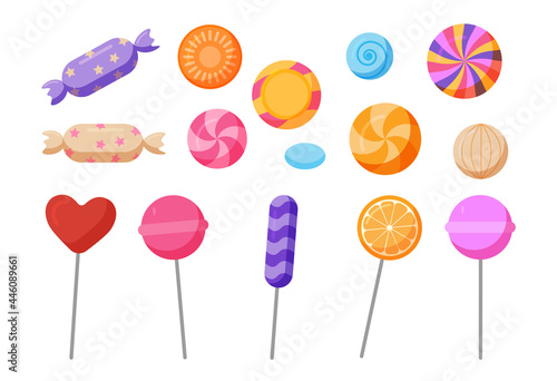 Sweets and candies icon. Sweet chocolate candies in a wrapper, lollipops and fruit-flavored caramels. Stickers for websites and for printing. Cartoon flat vector set isolated on a white background