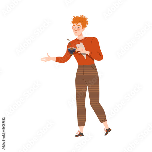 Redhead Man Coffee Lover Holding Cup of Hot Aromatic Beverage Vector Illustration