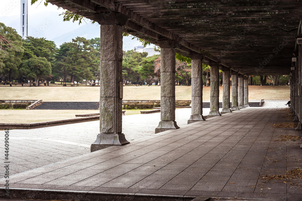 Granite arcade in the park of the Japanese city of Beppu