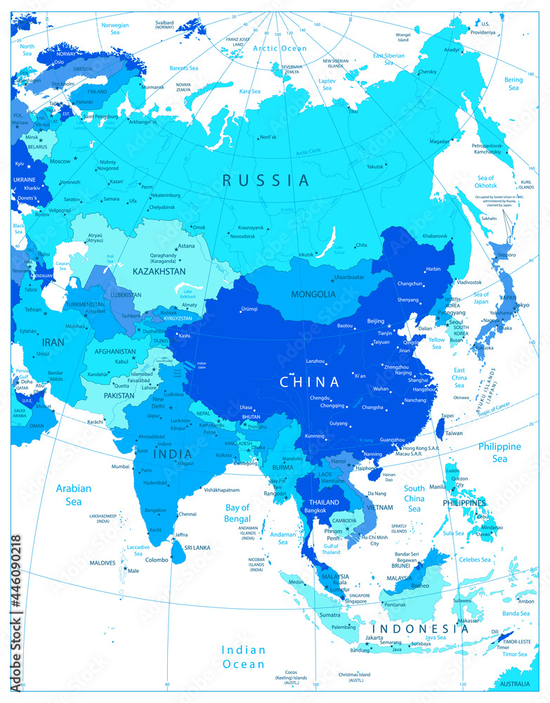 Obraz premium Asia highly detailed map in colors of blue