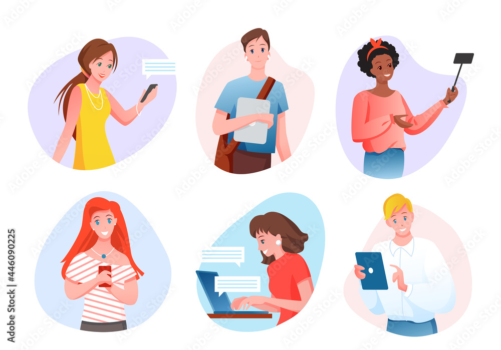 People and gadgets vector illustration set. Cartoon flat collection of happy young gadgeteer characters using mobile gadgetry, user student people with smartphone, tablet or laptop isolated on white People and gadgets vector illustration set. Cartoon flat collection of happy young gadgeteer characters using mobile gadgetry, user student people with smartphone, tablet or laptop isolated on white