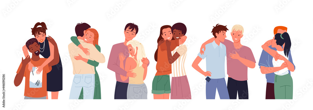 Cartoon happy people friends hug, diverse woman man character standing ...