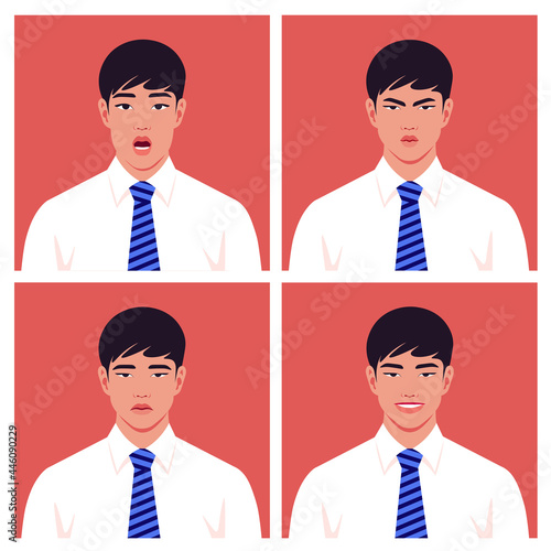 Set of faces of businessmen. Avatars of Asian men. 
Different emotions: happiness, anger, sadness and fear. Vector illustration photo