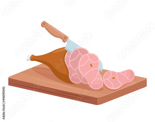 Cut meat delicatessen product for butchery shop isometric vector illustration. Cartoon 3d chef or butcher knife slicing smoked pork leg, ham, Italian prosciutto or jamon slices isolated on white
