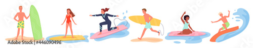 Summer surfing beach sport activity vector illustration set. Cartoon young man woman surfer characters surf at surfboards on ocean or sea wave, people standing with boards on beach isolated on white