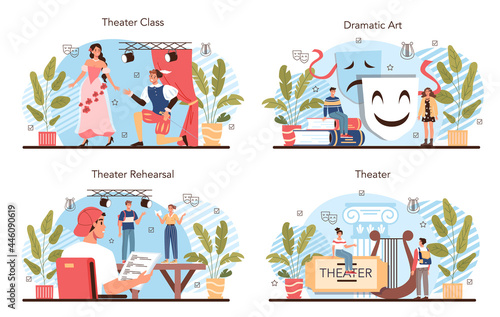 Drama school class or club set. Students playing roles in a school play