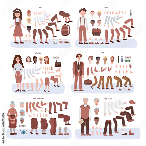 Child, adult and senior characters animation set. Woman and man