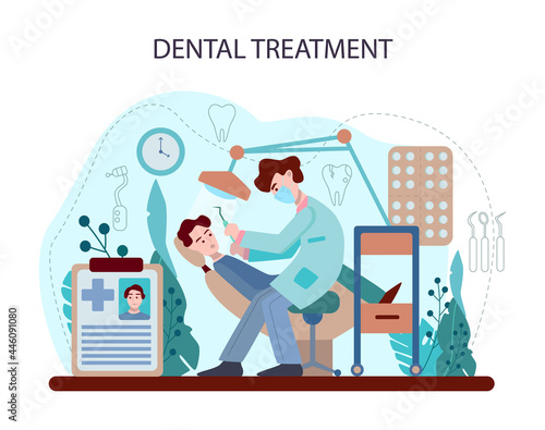 Dentist concept. Dental doctor in uniform treating human teeth using