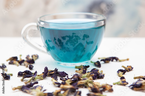 Butterfly pea tea or Anchan blue tea with dry flowers, healthy thai herbal drink