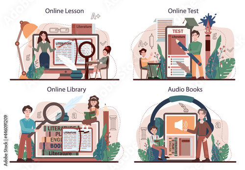 Literature school subject online service or platform set. Study ancient