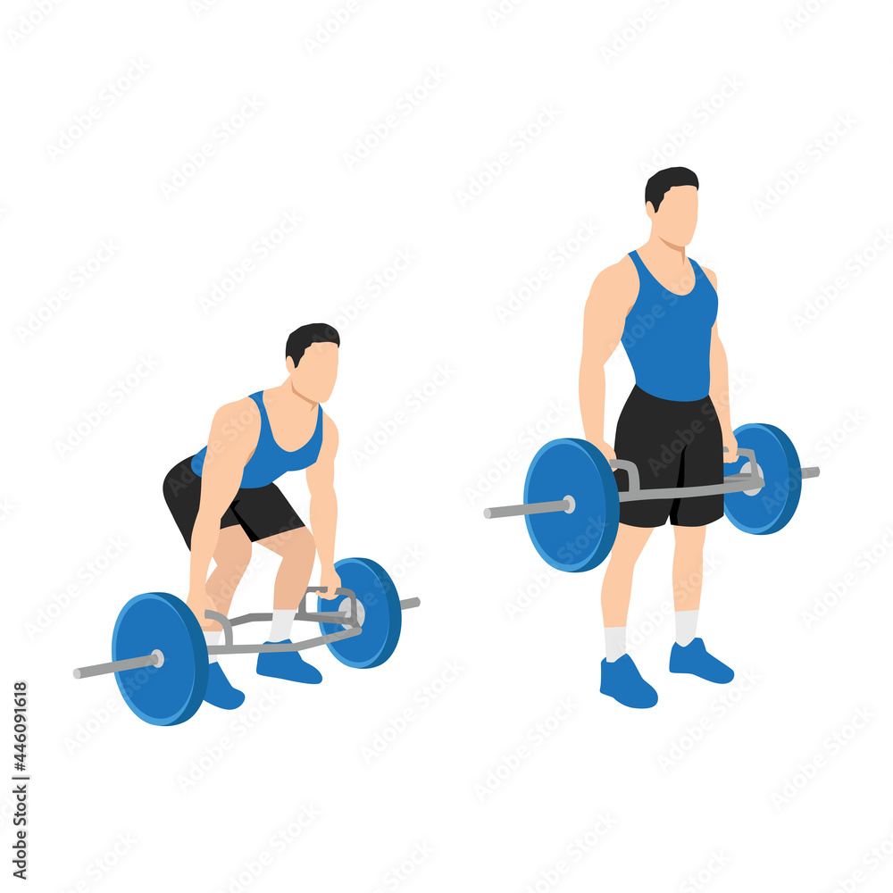 Vettoriale Stock Man doing Hex. Trap bar. Cafe deadlifts. Squats exercise.  Flat vector illustration isolated on white background | Adobe Stock