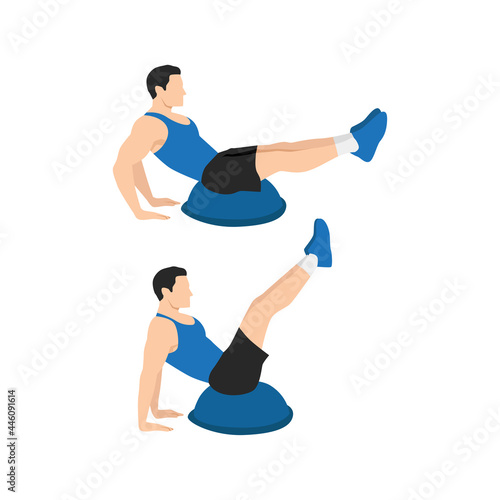 Man doing Bosu ball v ups exercise. Flat vector illustration isolated on white background