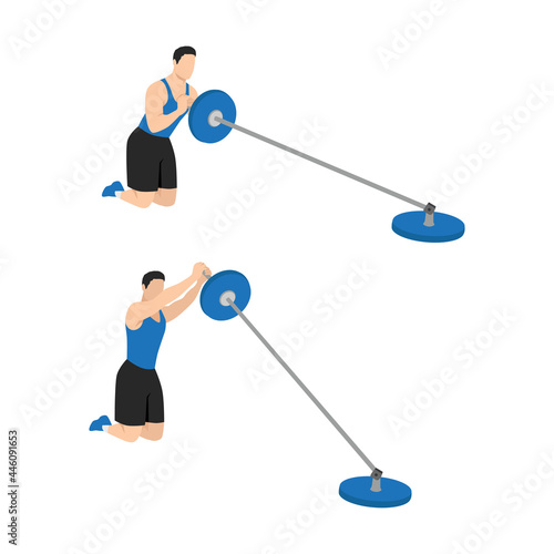 Man doing Kneeling T bar presses. Landmine presses exercise. Flat vector illustration isolated on white background