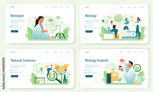 Biologist web banner or landing page set. Scientist make laboratory analysis