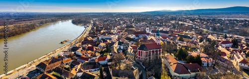 Szentendre, Hungary - Aerial panoramic view of the city of Szentendre on a sunny day with Belgrade Serbian Orthodox Cathedral, Saint John the Baptist's Parish Church, Saint Peter and Paul Church