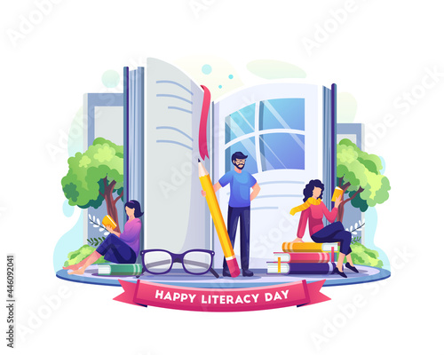 Happy Literacy Day. People celebrate literacy day with books as windows to the world. Flat vector illustration