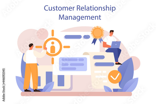 CRM or customer relationship management concept set. Client attracting